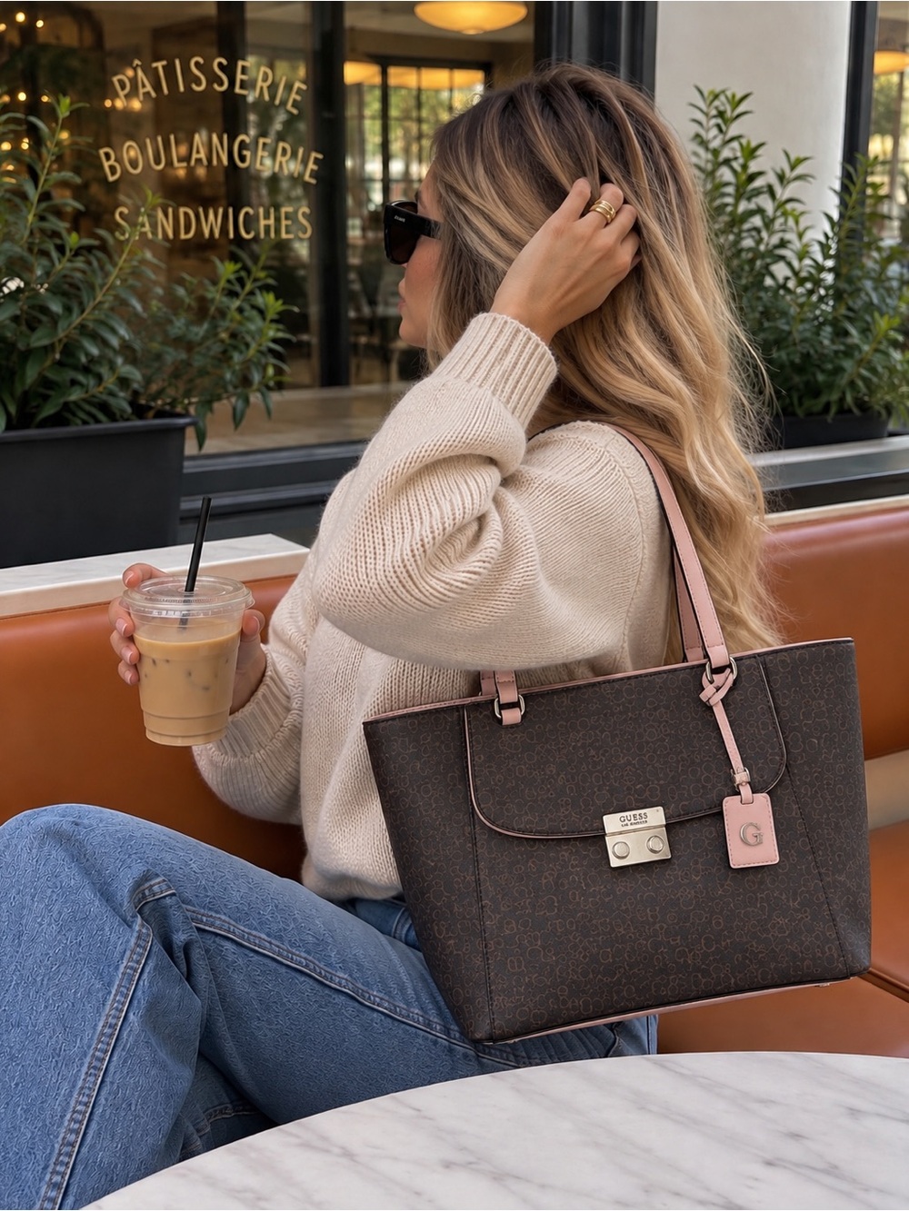 GUESS Kamryn 4G Logo Tote Brown Blush Pink Large Shopper Bag